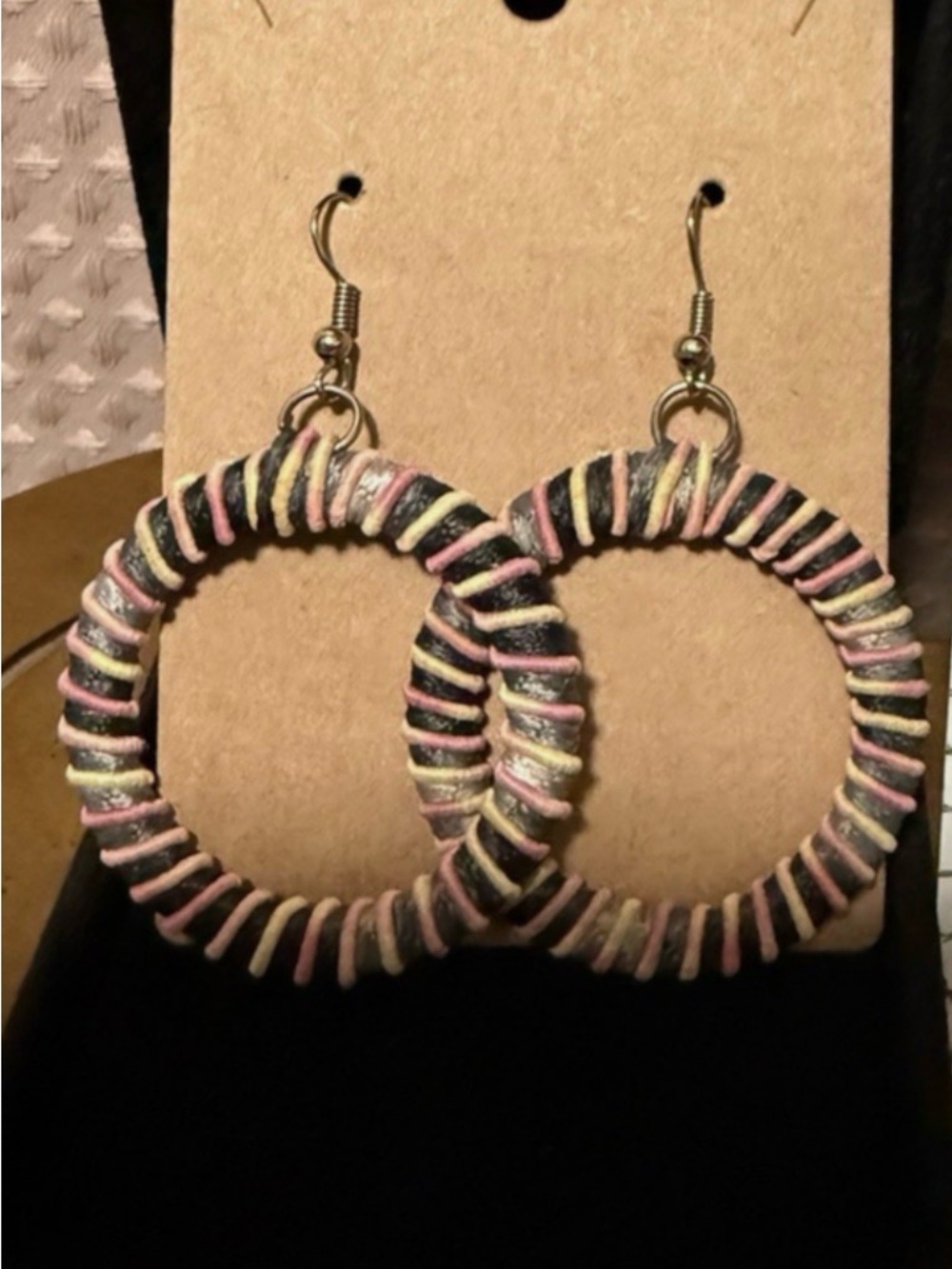 Handcrafted Black Hoops with Pink & Yellow Thread Wrap